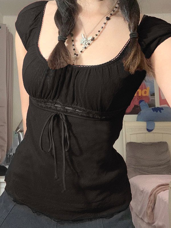 EMMIOL Vintage Tie Front Lace Trim Blouse