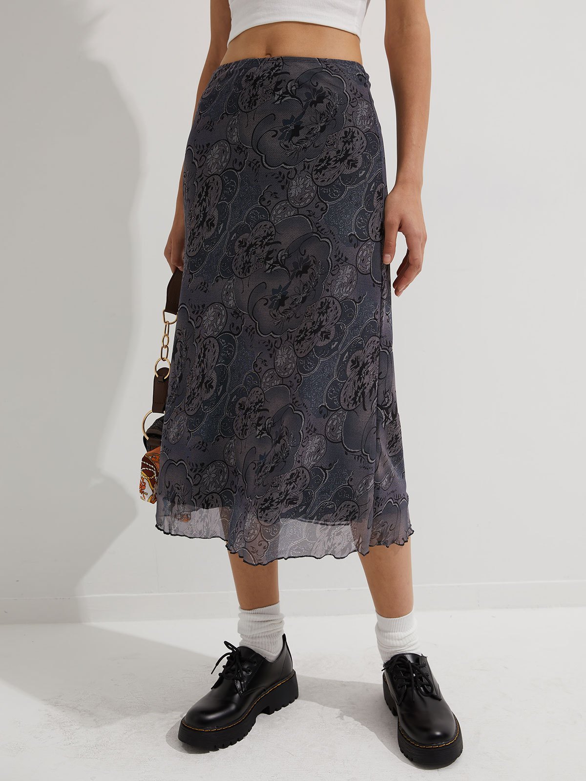 EMMIOL Mesh Floral Midi Skirt