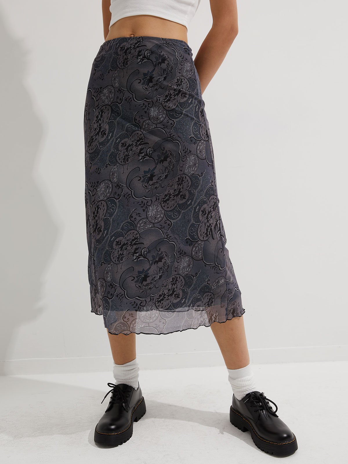 EMMIOL Mesh Floral Midi Skirt