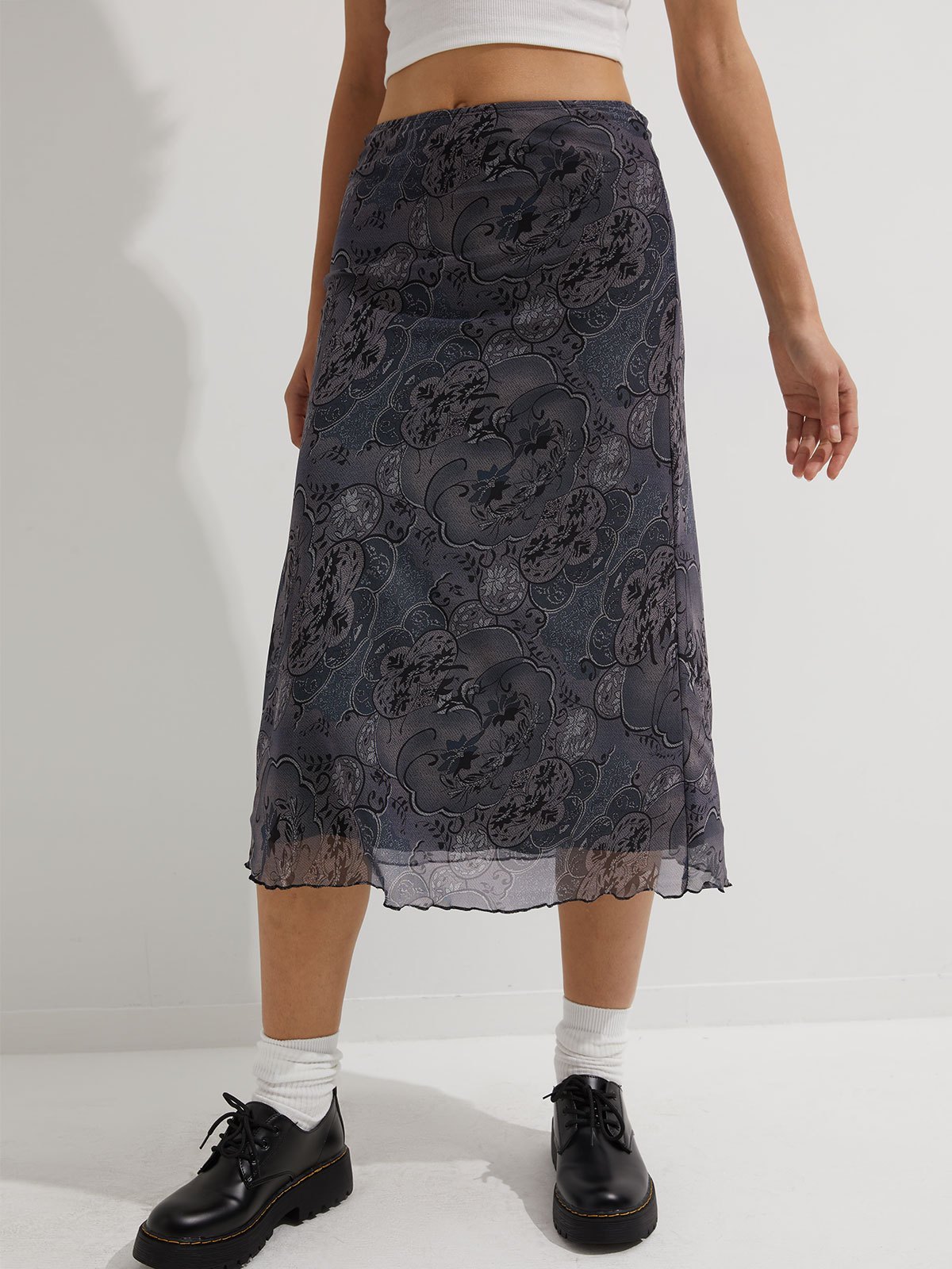 EMMIOL Mesh Floral Midi Skirt