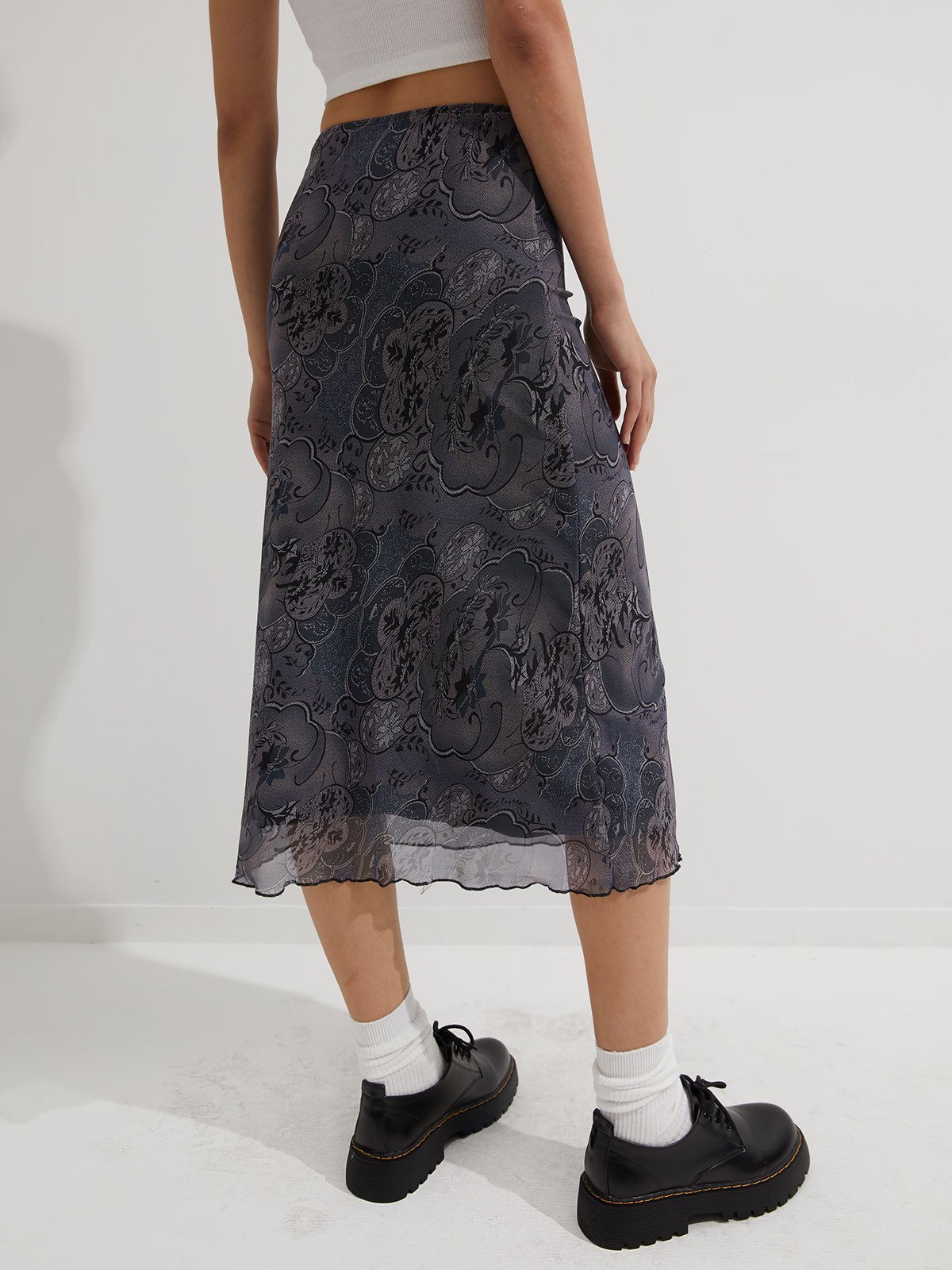 EMMIOL Mesh Floral Midi Skirt
