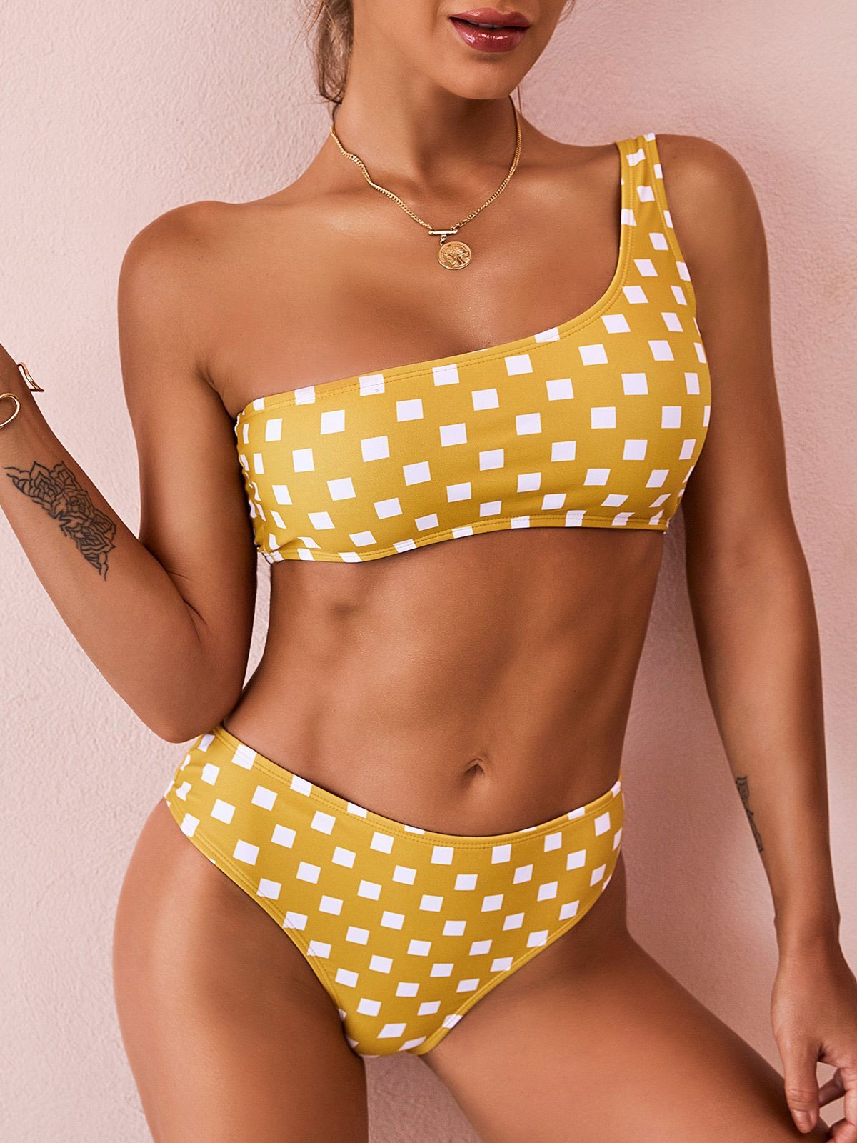 EMMIOL Check Print One Shoulder Bikini  Swimwear