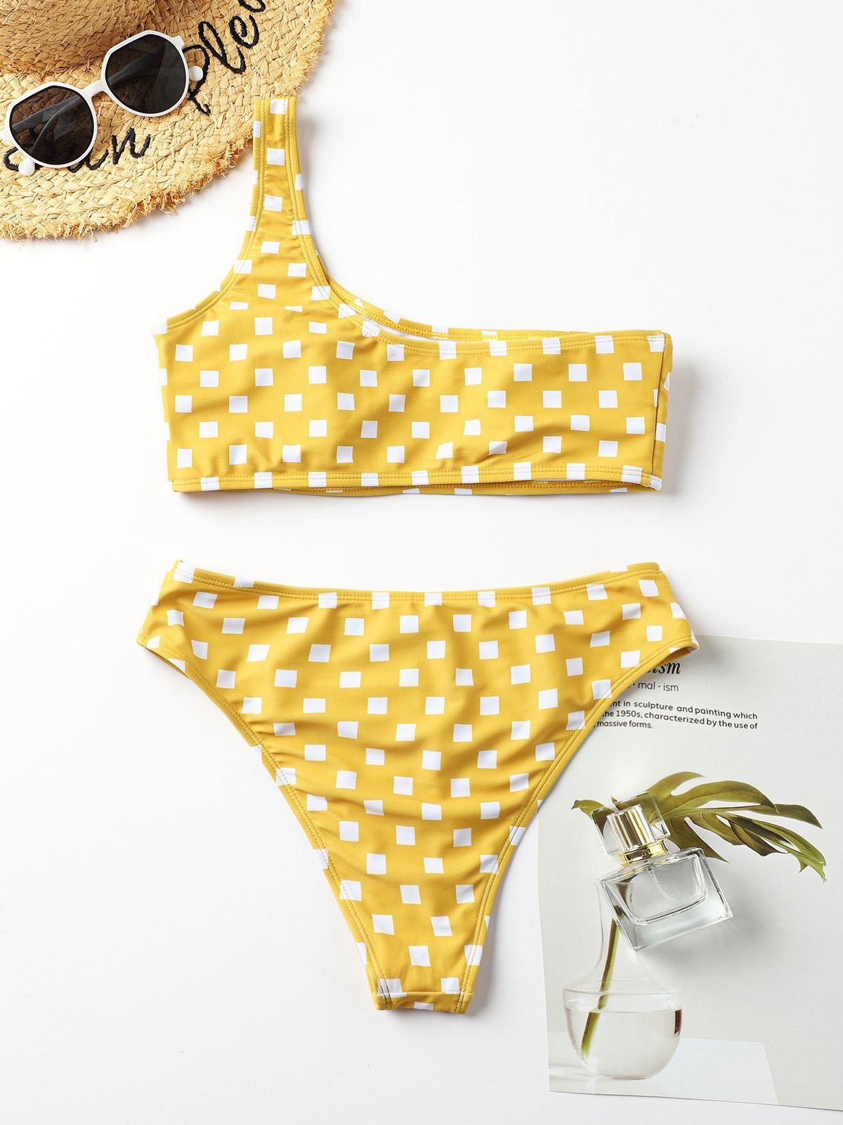 EMMIOL Check Print One Shoulder Bikini  Swimwear