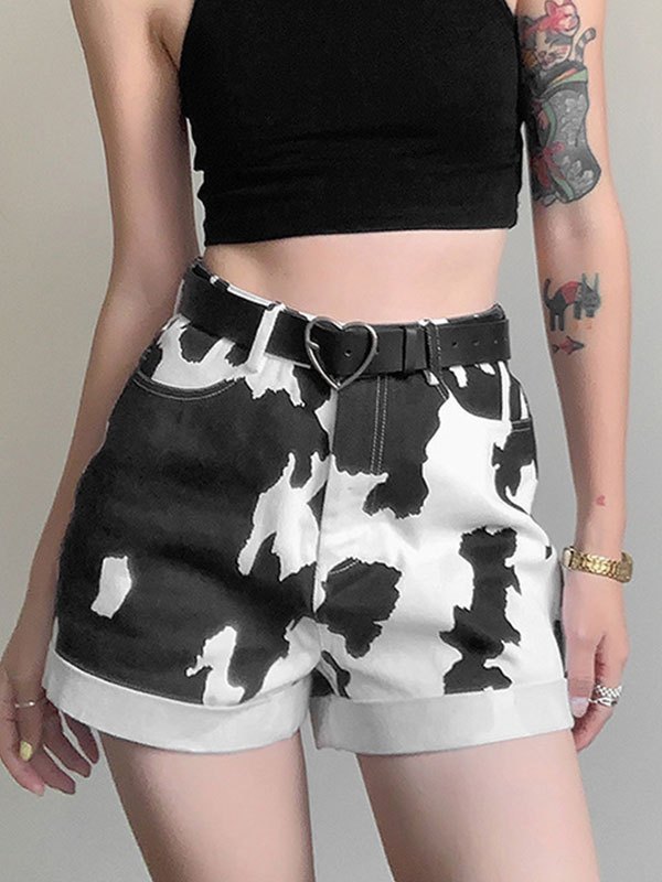 EMMIOL Cow Print Low Rise Denim Shorts
