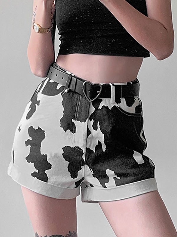 EMMIOL Cow Print Low Rise Denim Shorts
