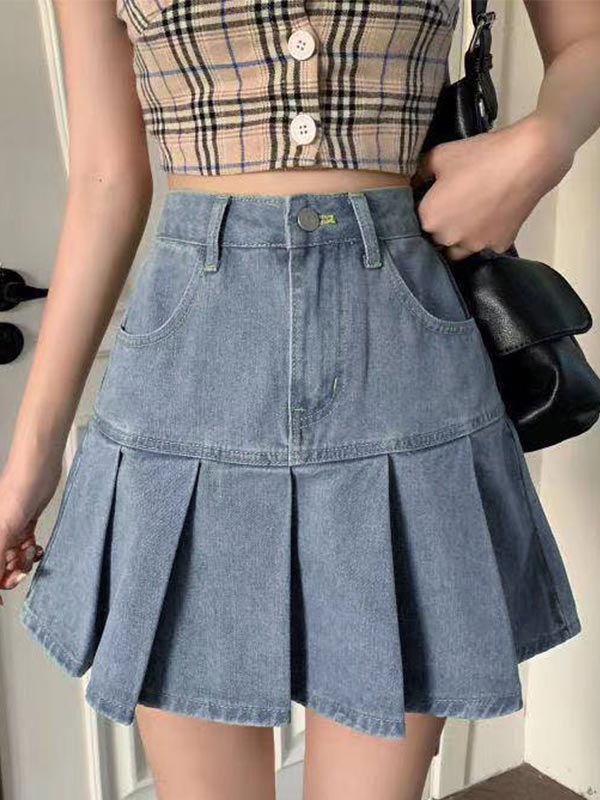 EMMIOL Vintage Pleated Denim Mini Skirt