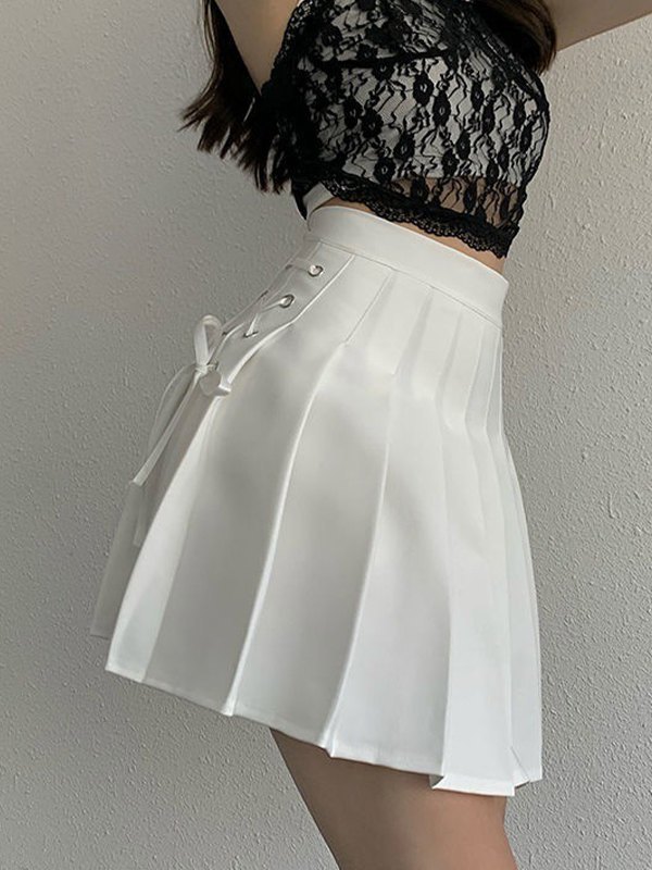 EMMIOL Lace Up Pleated Mini Skirt