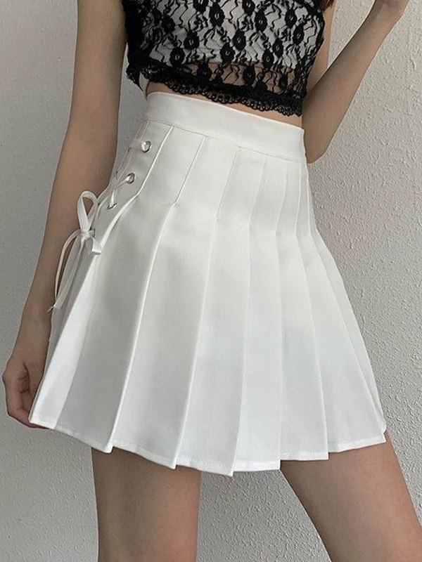 EMMIOL Lace Up Pleated Mini Skirt