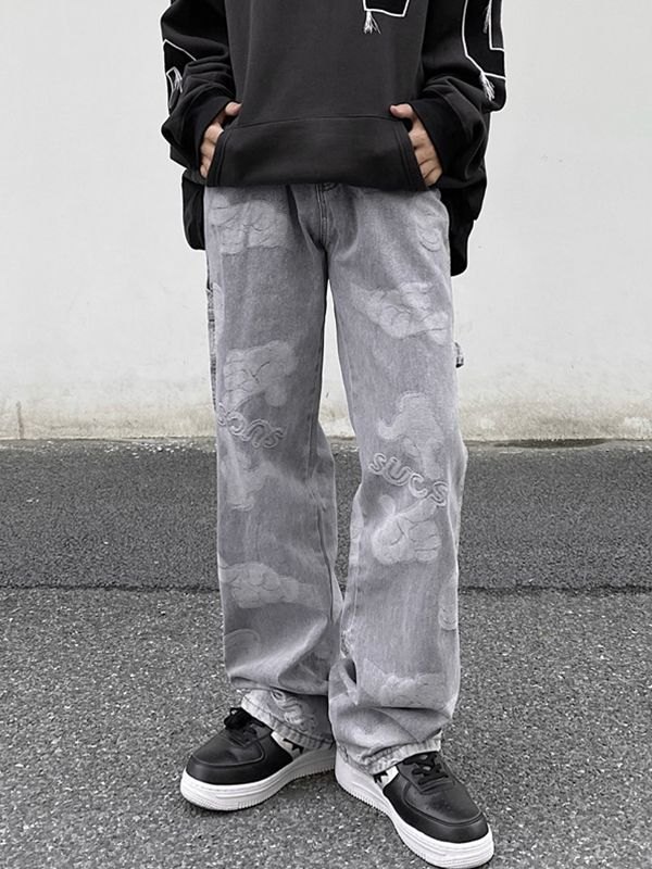 2022 Jeans larghi da uomo con motivo palmo lavato Blu L In Loose Jeans  Online Store. Best For Sale | Emmiol.com