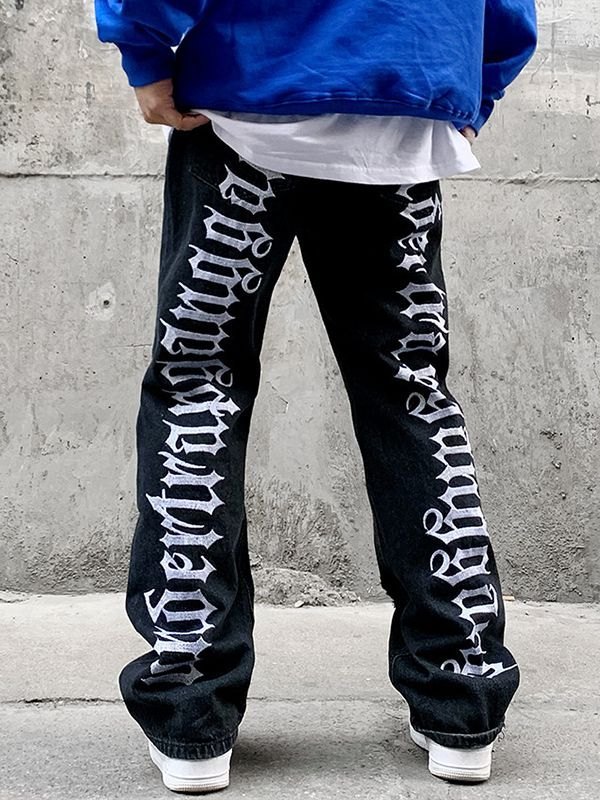 EMMIOL Jeans da uomo strappati con gamba svasata e lettera gotica