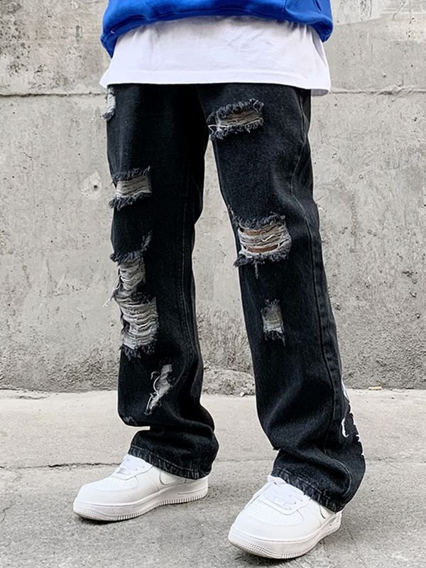 EMMIOL Jeans da uomo strappati con gamba svasata e lettera gotica