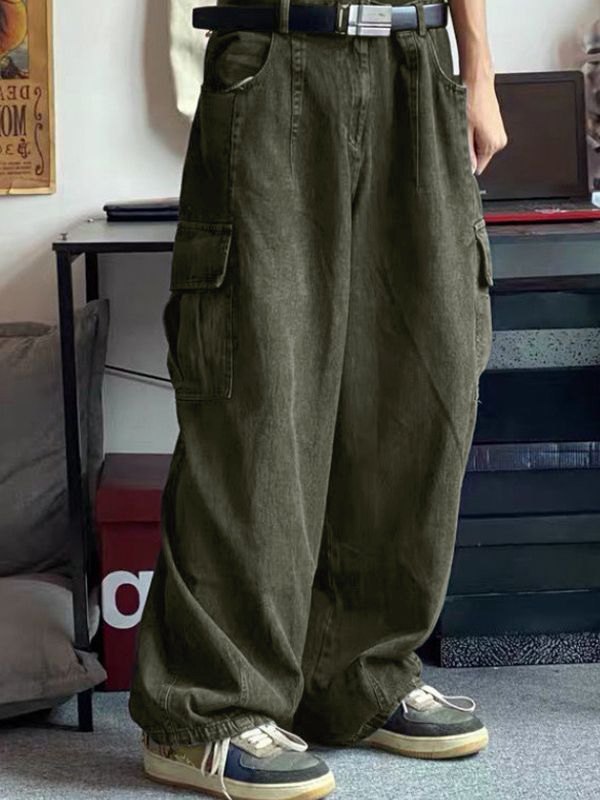 EMMIOL Jeans da uomo a gamba dritta con tasca cargo applicata