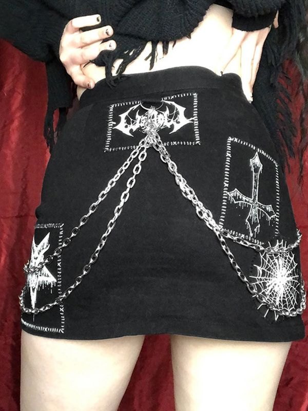 EMMIOL Detachable Chain Gothic Punk Printed Mini Skirt