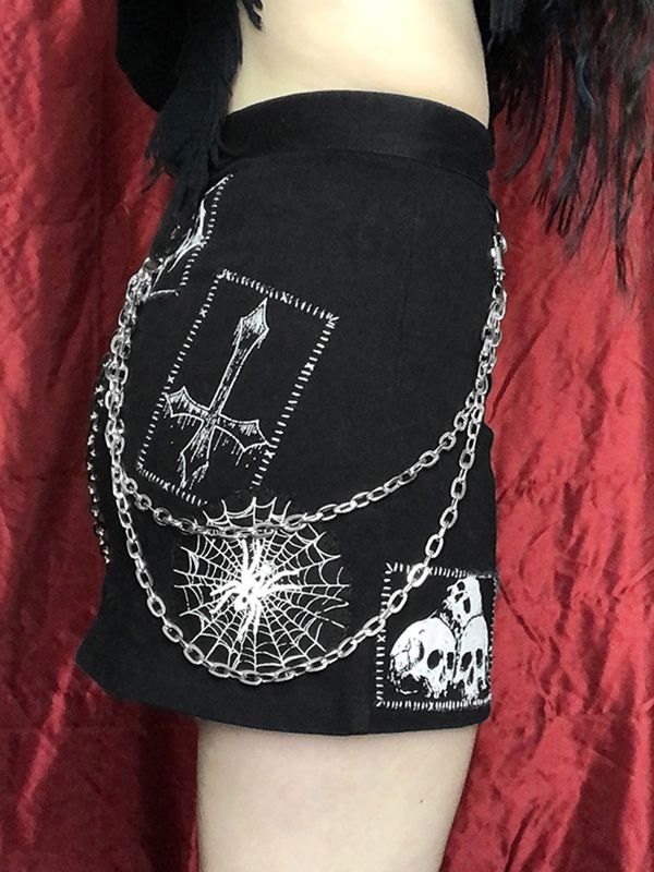 EMMIOL Detachable Chain Gothic Punk Printed Mini Skirt