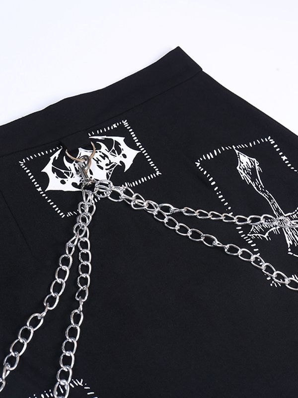 EMMIOL Detachable Chain Gothic Punk Printed Mini Skirt