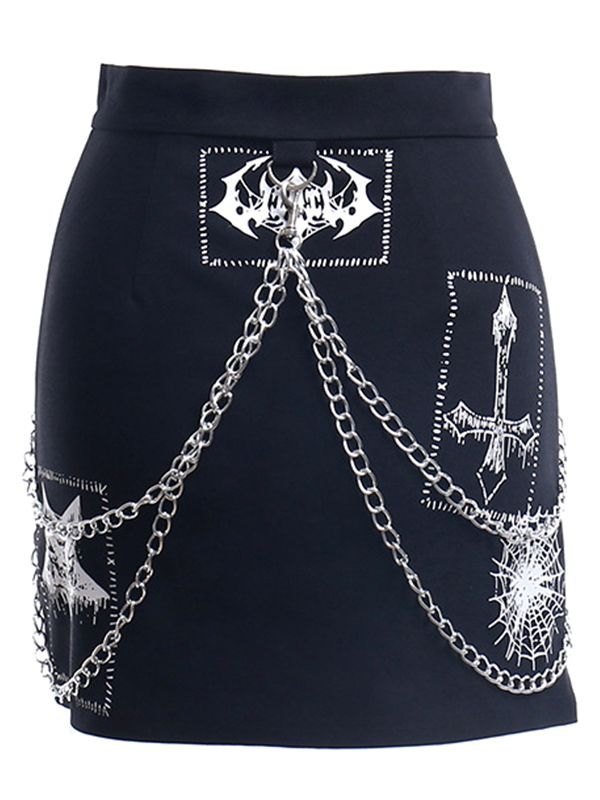 EMMIOL Detachable Chain Gothic Punk Printed Mini Skirt