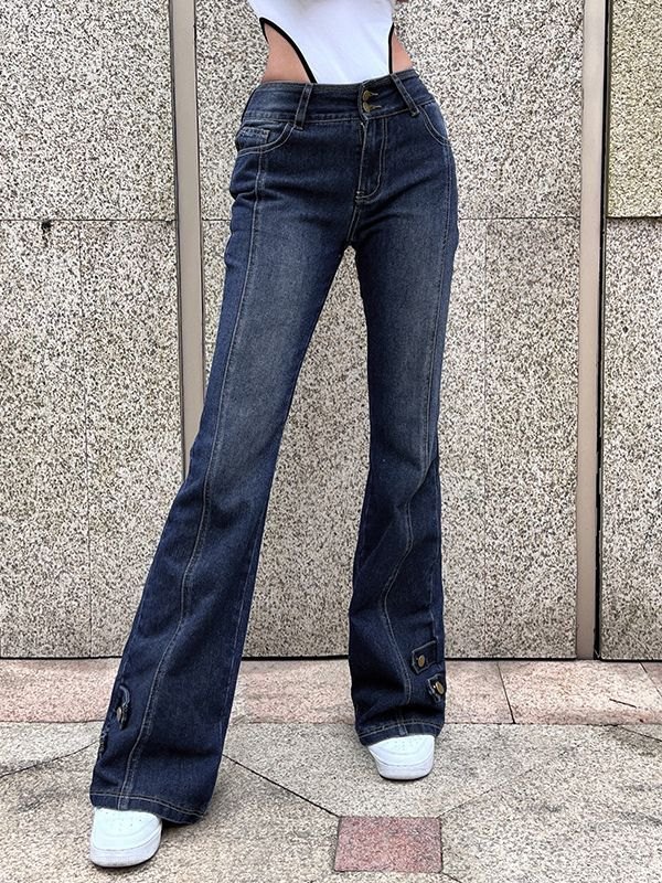 【HI FI FNK】Flare Embo Washed Jeans Emmiol Free shipping 2025 High Waist Washed Flare Jeans Blue