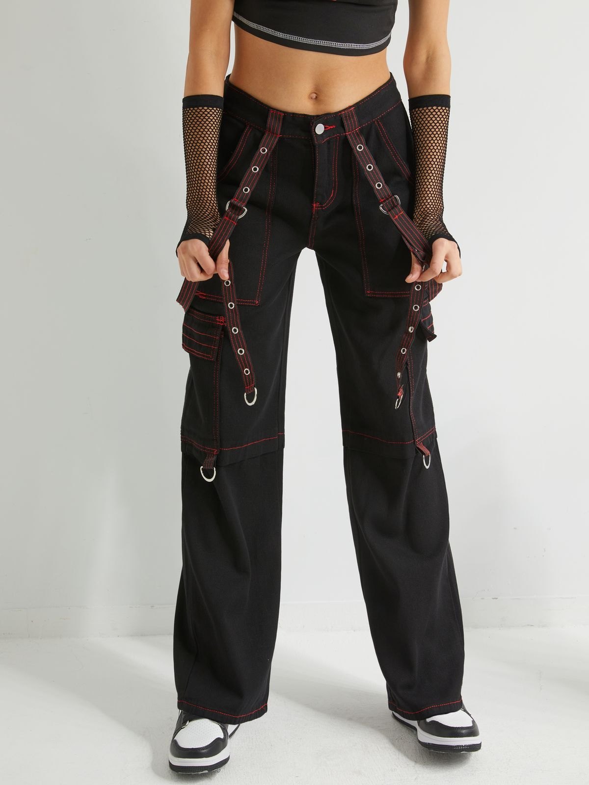 Emmiol Free shipping 2023 Eyelet Strap Design Cargo Jeans Black S in