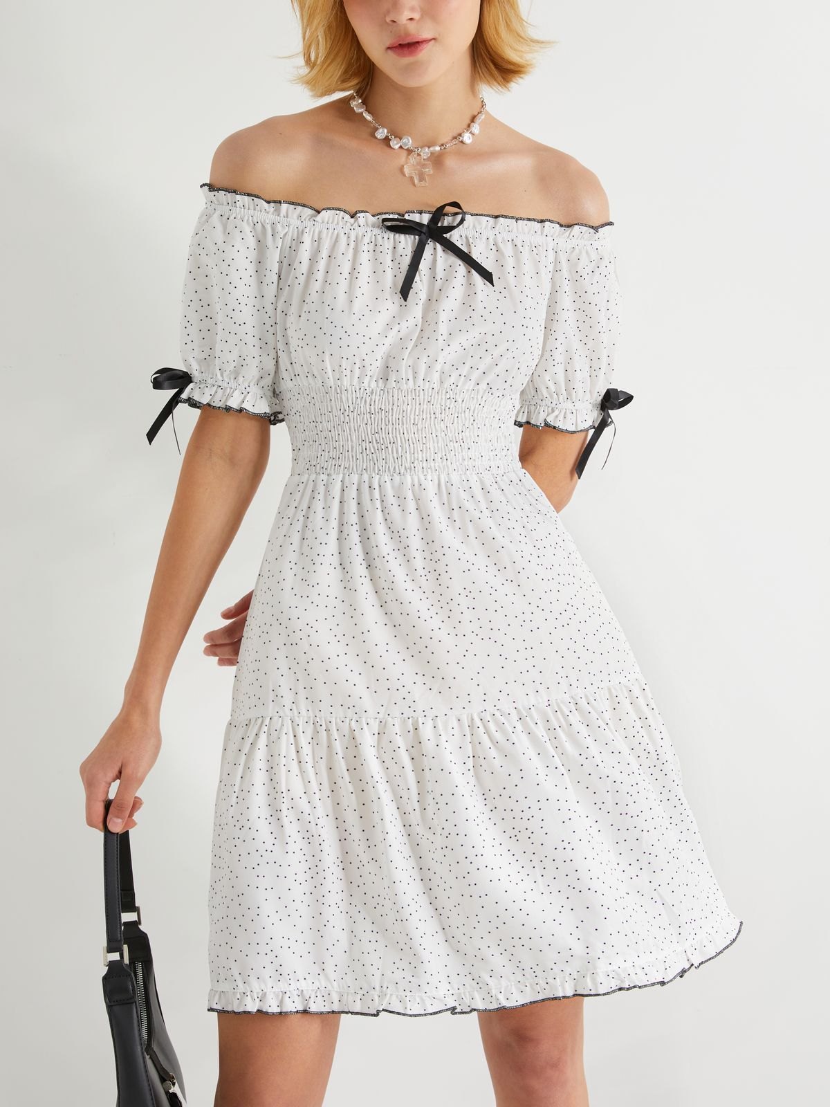 White and Black Polka Dot Smocked Mini Dress main image 0