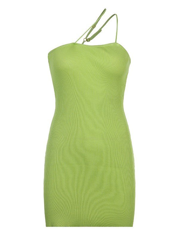 Emmiol Free shipping 2023 Slant Shoulder Knit Bodycon Mini Dress Green