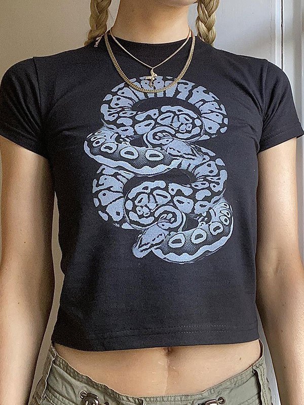 Emmiol Free shipping 2023 Y2K Snake Printed Baby Crop Top Black S in