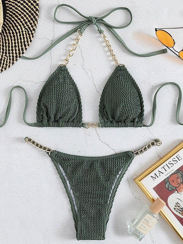 EMMIOL Gesmoktes Neckholder-Bikini-Set mit Kettenverzierung