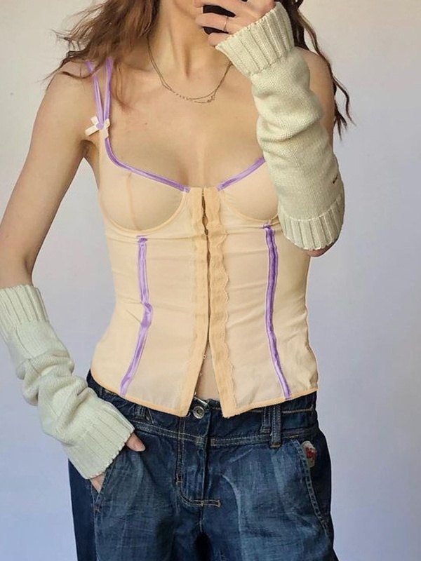 EMMIOL Contrast Trim Mesh Paneled Crop Cami Top