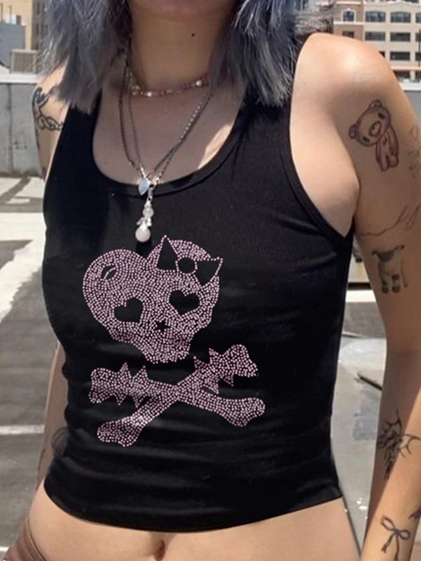 EMMIOL Camiseta corta sin mangas con calavera y diamantes de imitación