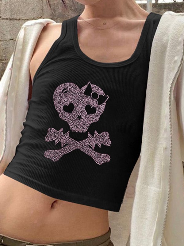 EMMIOL Camiseta corta sin mangas con calavera y diamantes de imitación