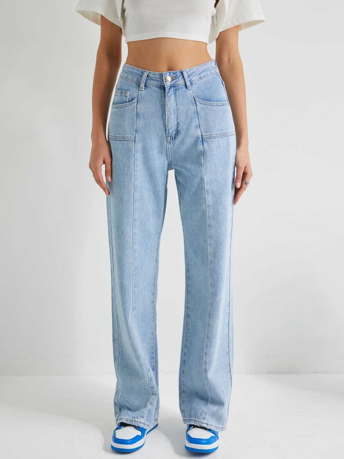 EMMIOL Blau gewaschene Boyfriend-Jeans