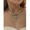 EMMIOL Vintage Faux Pearl Gothic Punk Cross Pendant Necklace