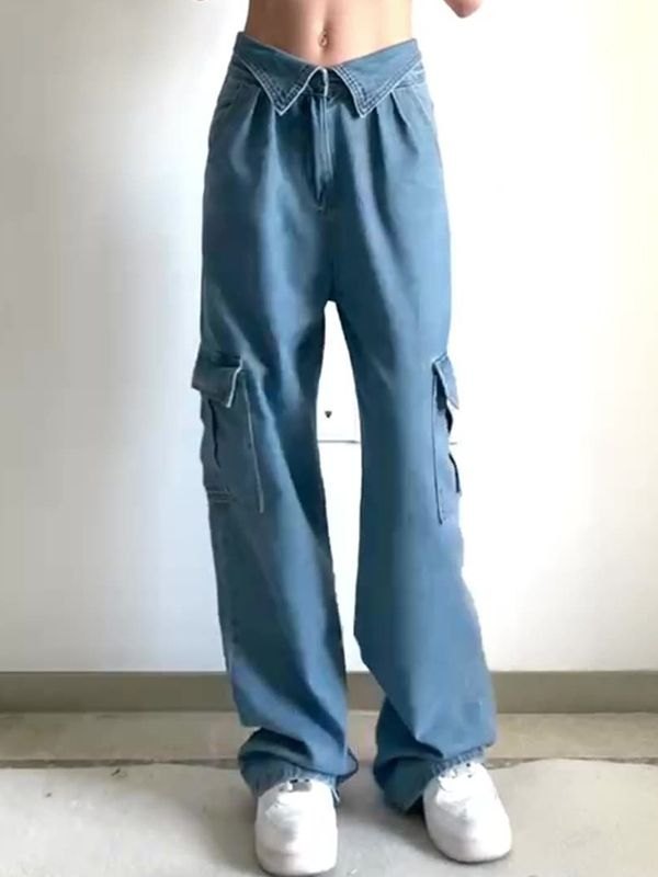 EMMIOL Jeans cargo con parche y bolsillo en la cintura doblada