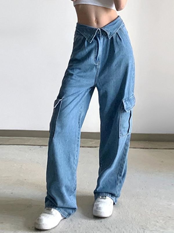 EMMIOL Jeans cargo con parche y bolsillo en la cintura doblada