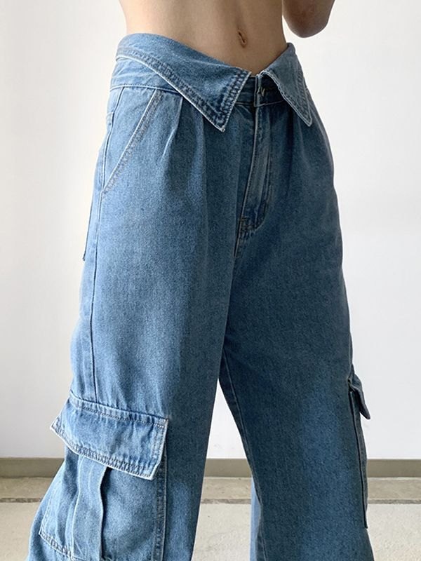 EMMIOL Jeans cargo con parche y bolsillo en la cintura doblada