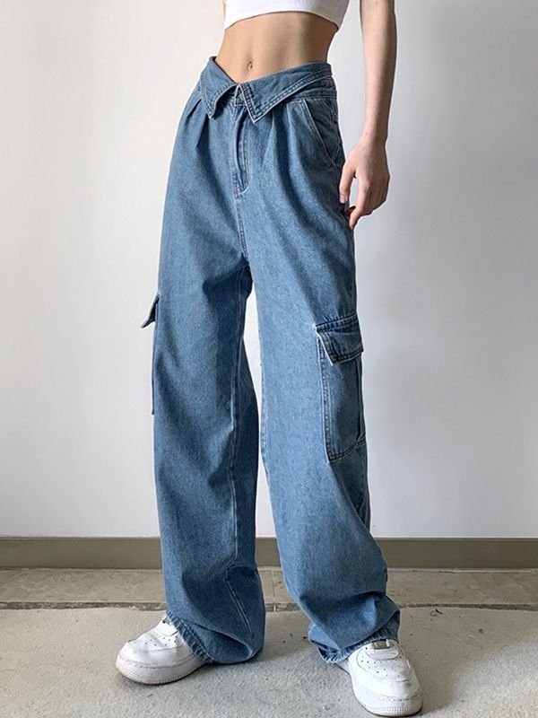 EMMIOL Jeans cargo con parche y bolsillo en la cintura doblada