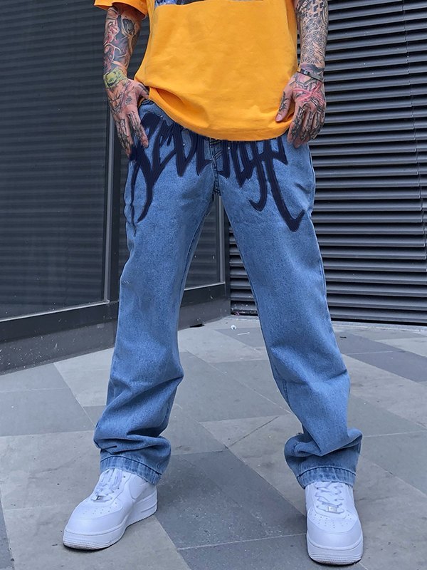 2022 Men's Washed Revenge Straight Leg Jeans Blue XL In Loose Jeans