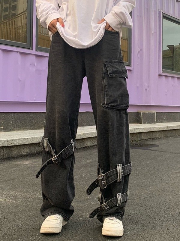 EMMIOL Buckle Strap Detail Pocket Cargo Jeans