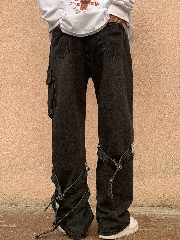 ★韓国人気★BLACKUP★BACK BUCKLE STRAP WIDE DENIM PANTS Emmiol Free shipping 2025 Buckle Strap Detail Pocket Cargo