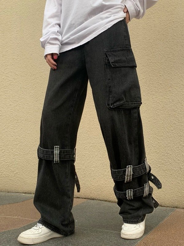 EMMIOL Buckle Strap Detail Pocket Cargo Jeans