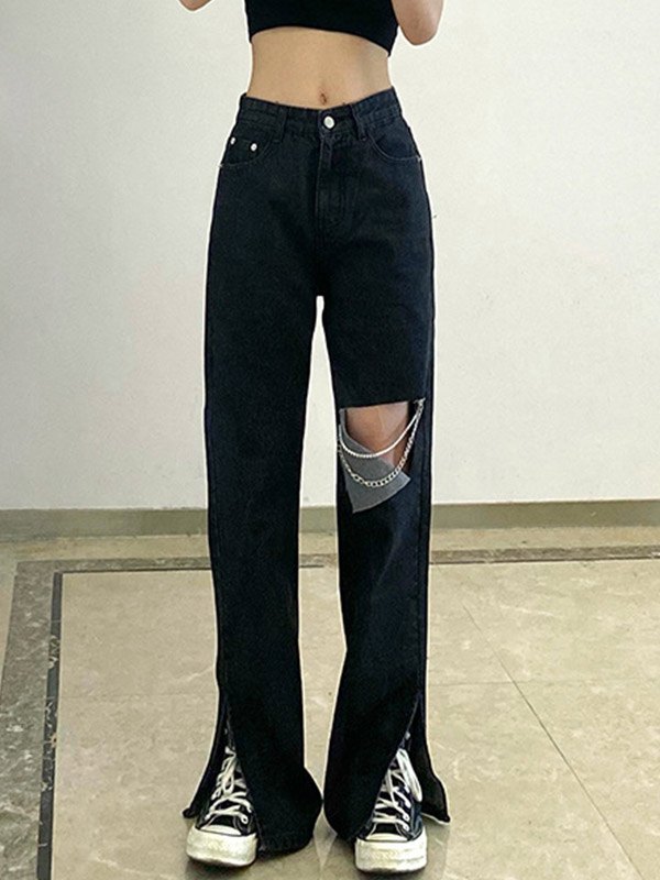 EMMIOL Jeans strappati con spacco impreziositi da catene