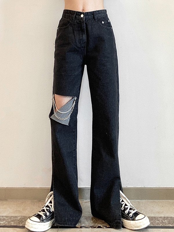 EMMIOL Jeans strappati con spacco impreziositi da catene