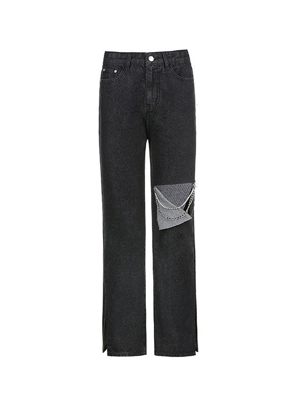 EMMIOL Jeans strappati con spacco impreziositi da catene