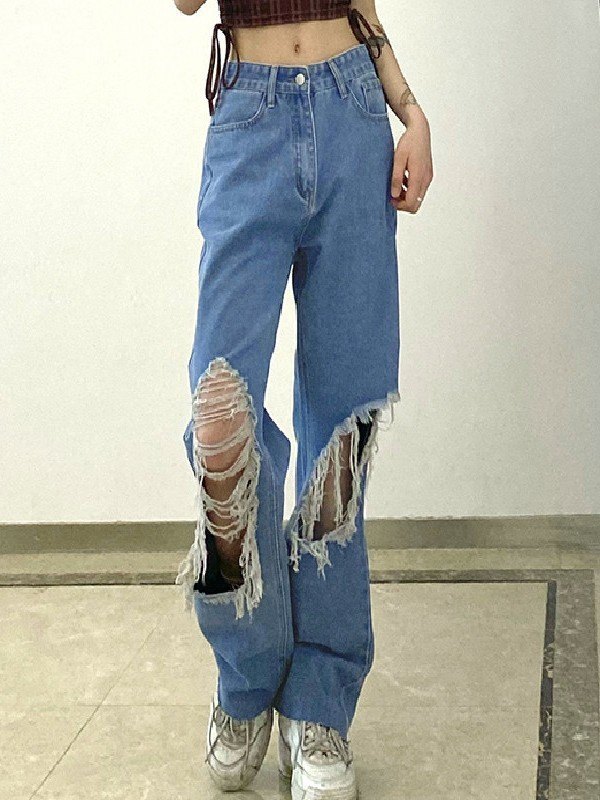 EMMIOL Zerrissene, zerrissene Jeans in blauer Waschung