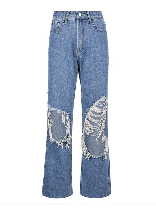 EMMIOL Zerrissene, zerrissene Jeans in blauer Waschung