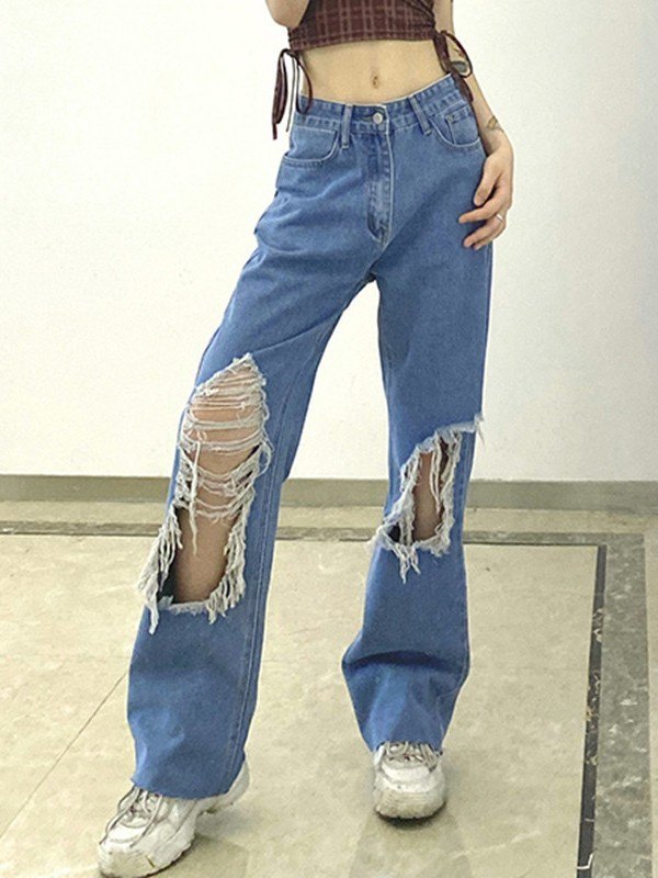 EMMIOL Zerrissene, zerrissene Jeans in blauer Waschung