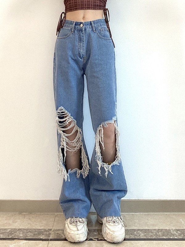 EMMIOL Zerrissene, zerrissene Jeans in blauer Waschung