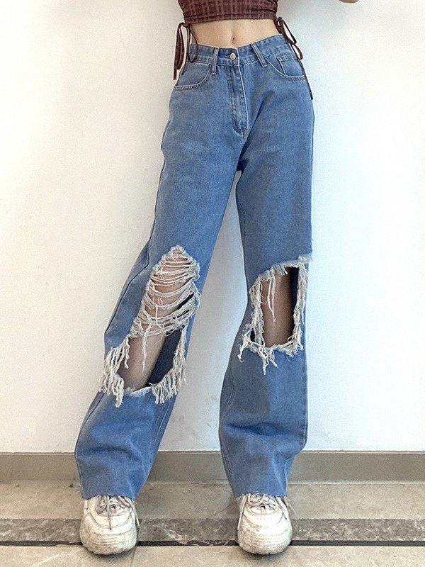 EMMIOL Zerrissene, zerrissene Jeans in blauer Waschung
