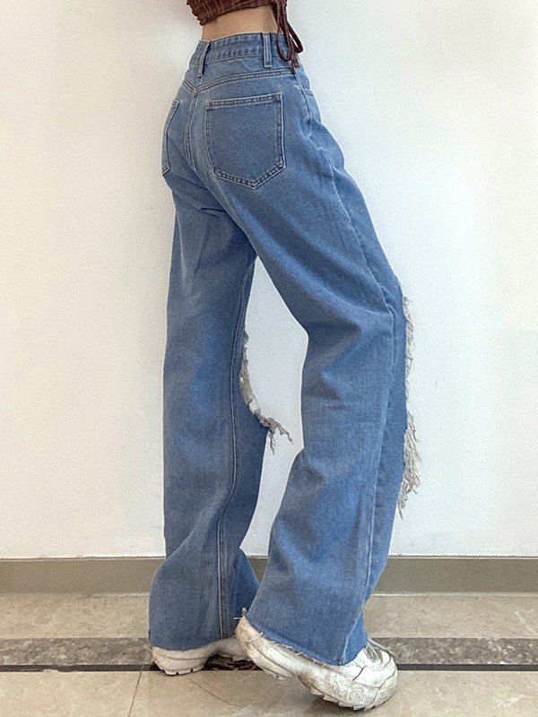 EMMIOL Zerrissene, zerrissene Jeans in blauer Waschung