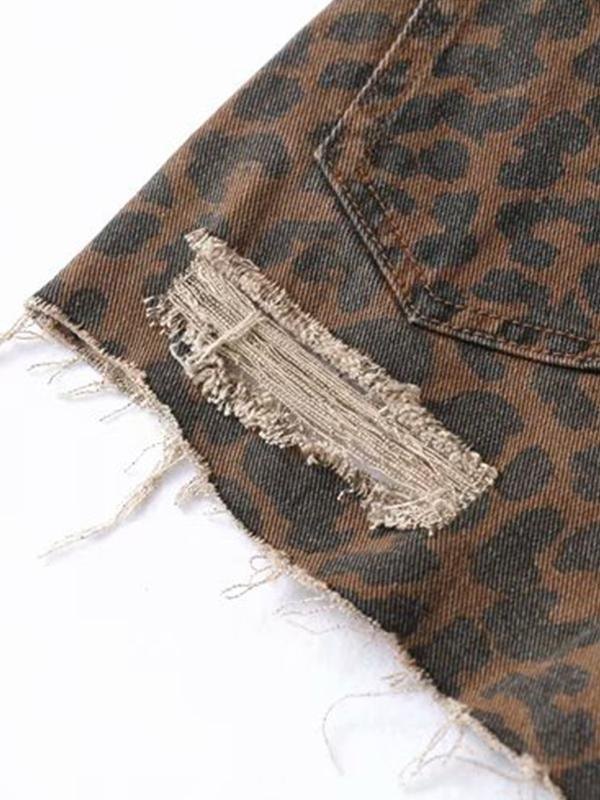 Cheetah Print Ripped Emmiol Free shipping 2025 Washed Leopard Print Ripped Denim Shorts ...