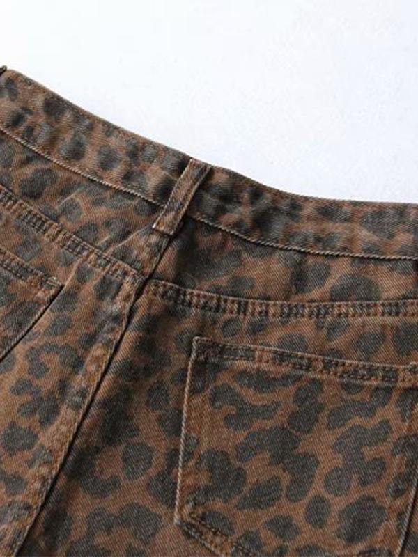 Cheetah Print Ripped Emmiol Free shipping 2026 Washed Leopard Print Ripped Denim Shorts ...
